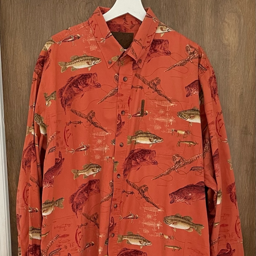 North River men’s orange fish print button down 100% cotton shirt, size XL